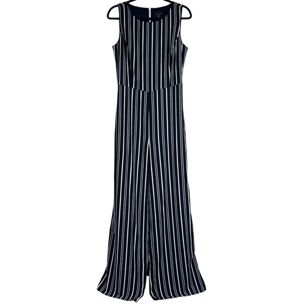 Tahari Womens Lined Wide Leg Jumpsuit Belted Romper Blue White Stripe Stretch 10 - Picture 5 of 11